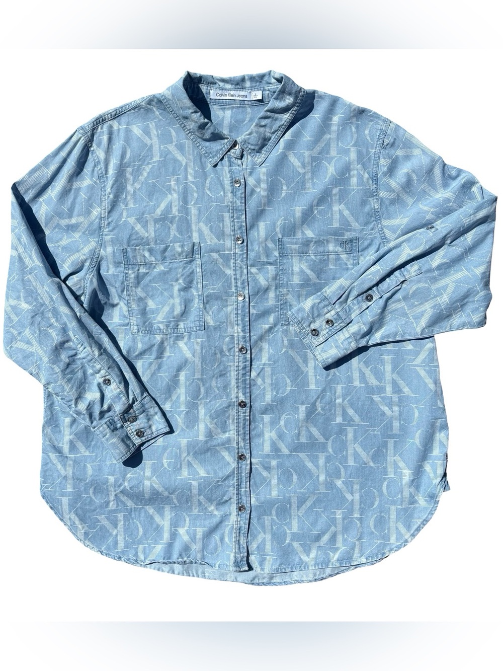 Calvin Klein 1X Chambray Boyfriend Shirt CK Logo All Over Print L/S Button Up